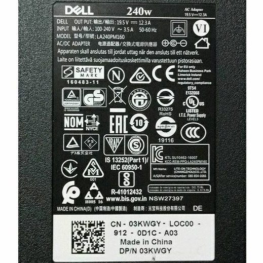 Dell 240w原廠變壓器7.4mm大頭帶針19.5V 12.31A外星人G3 15 3500 LA240PM160