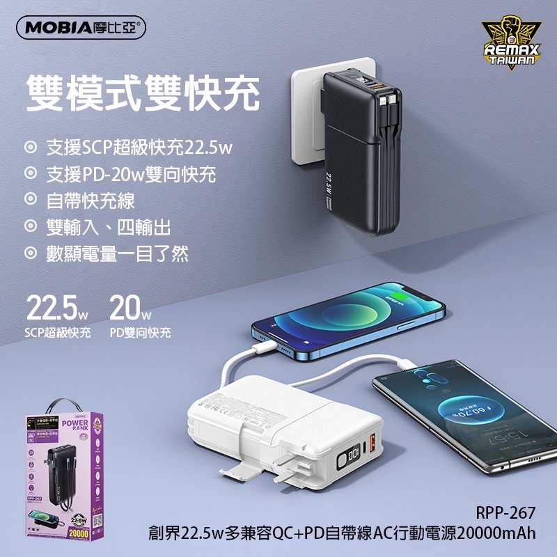 REMAX RPP-267 創界22.5W 行動電源 20000mAh QC+PD 自帶線 AC插座 正版台灣公司貨