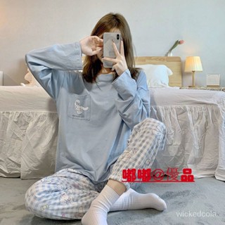 嘟嘟優品 可愛睡衣套裝 長袖長褲居家服 卡通 淺藍色格紋褲 ins風家居服 圓領套頭睡衣女 棉質 春秋天 日系格子睡衣