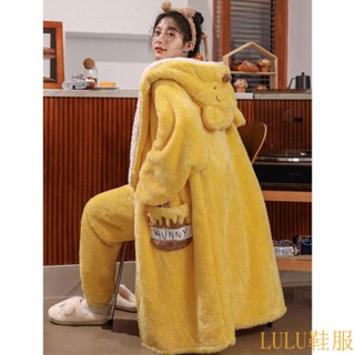 【LULU服飾專區】網紅女睡衣鞦鼕新款珊瑚絨維尼熊長袍加厚加絨可外穿傢居服套裝男