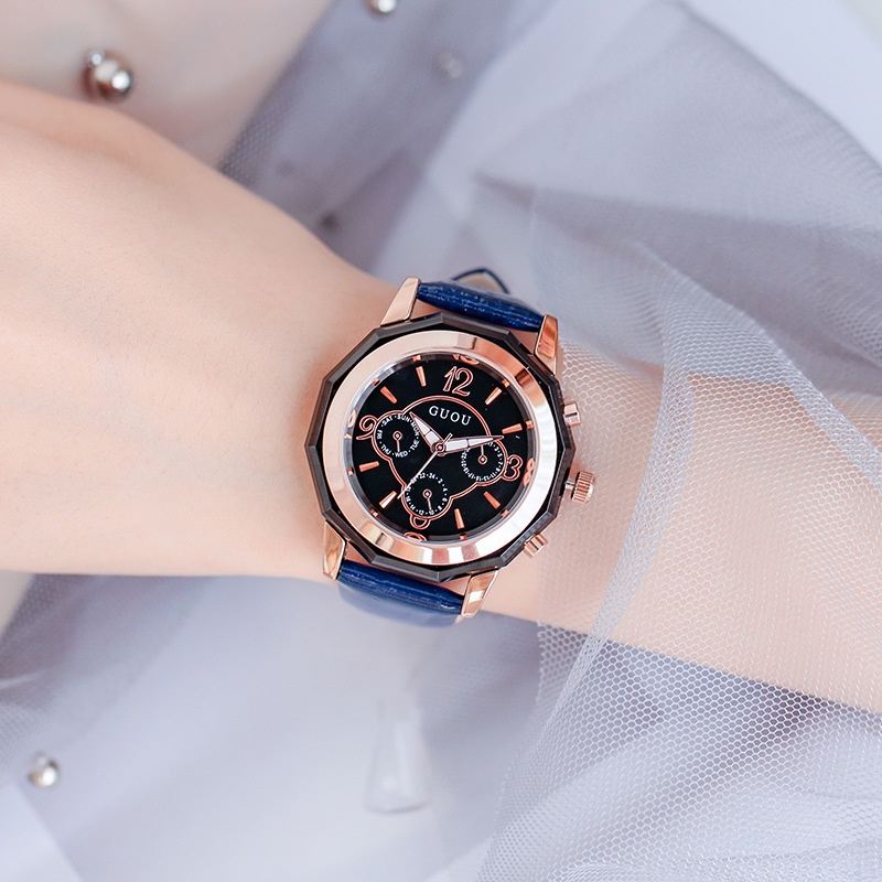 GUOU 熱銷國歐陶瓷女錶三眼時尚女士石英表休閒合金皮錶帶女錶