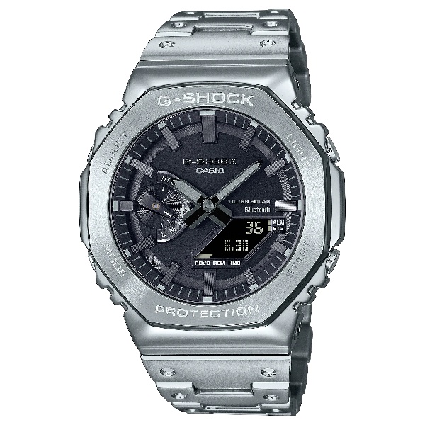 CASIO 卡西歐 G-SHOCK  全金屬農家橡樹 太陽能雙顯腕錶 黑x銀  44.4mm GM-B2100D-1A