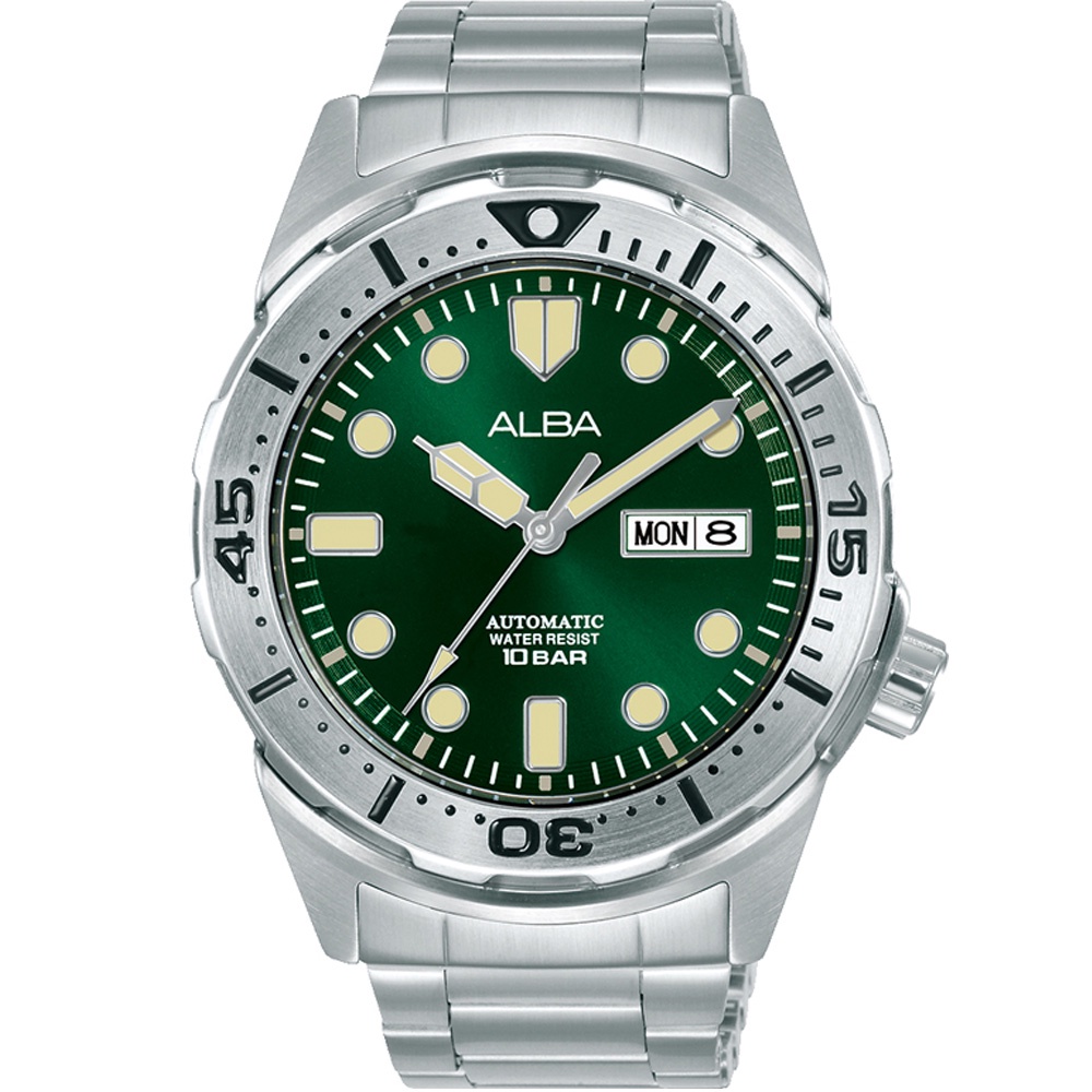 ALBA 雅柏【Y676-X059G / AL4371X1】潛水運動風格機械錶-綠x不鏽鋼 / 42mm