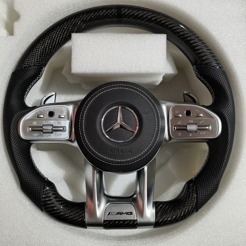 賓士Mercedes-Benz 陸製改裝碳纖維卡夢AMG平把方向盤 含氣囊