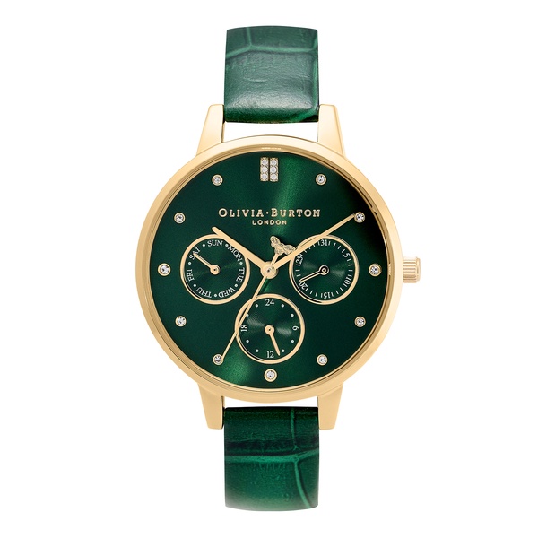 Olivia Burton 優雅太陽紋極光綠皮革腕錶34mm(24000010)