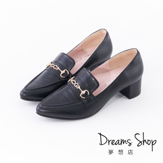 DREAMS SHOP 寬楦氣墊_MIT真皮水鑽馬銜釦尖頭低跟樂福鞋 黑色【PW922】大尺碼女鞋37-45