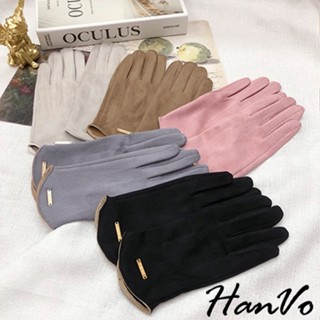 【HanVo】質感小金牌麂皮絨布觸控手套 韓系秋冬保暖觸控手套 薄刷毛 機車族必備 女生配件 C02-8064