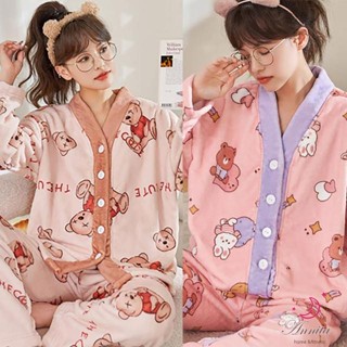 HaRu Star 可愛熊熊 寬鬆珊瑚絨法蘭絨開扣兩件式居家服女睡衣(兩件式套裝/保暖睡衣/居家服/長袖/中大尺碼)