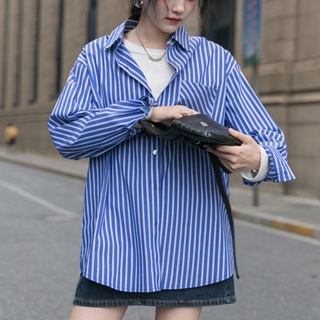 復古條紋長袖襯衫 港風撞色襯衫外套 韓系休閒寬鬆外搭上衣女