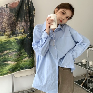 【HOSS】免運🔥氣質藍色襯衫女生韓系 素色上衣 新款 百搭港味高級感長袖襯衣