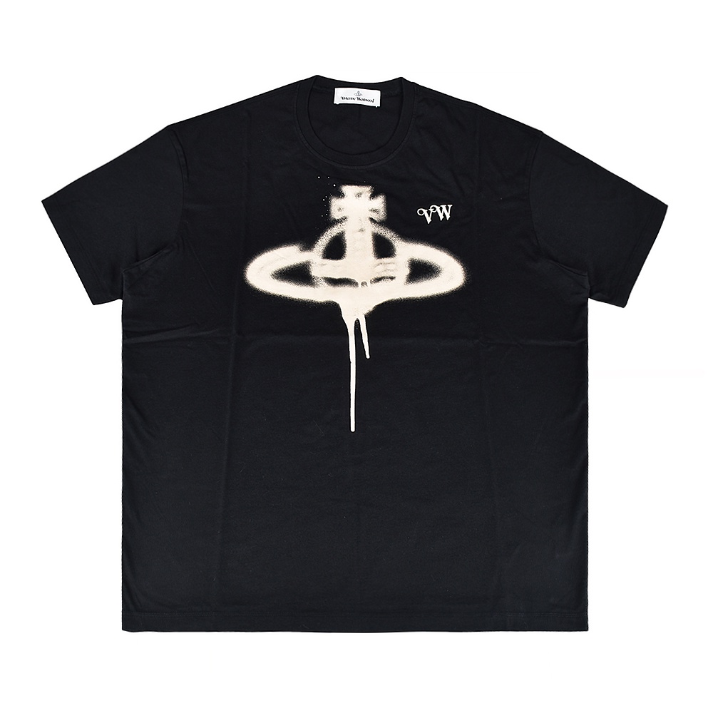 Vivienne Westwood縮寫刺繡LOGO噴漆風格土星印花設計純棉圓領短袖T恤(男款/黑)