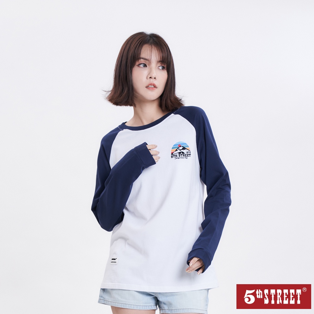 【5th STREET】 中性 撞色拉克蘭袖日落長袖T恤-丈青/黑色 (560783)