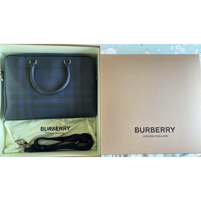 Burberry經典格紋公事包深藍可手提可肩背