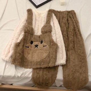 【免運】睡衣女秋冬季加厚珊瑚絨可愛背帶熊韓版新款法蘭絨加絨家居服套裝珊瑚絨 居家服 長袖 睡衣 保暖 成套睡衣 情侶