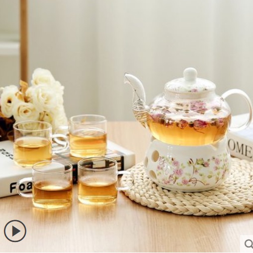 #茶具#日式陶瓷花茶壺 花茶具透明盃玻璃花草水果花果茶壺耐熱蠟燭加熱套裝