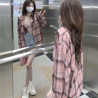 【HOSS】格子襯衫女 春秋夏季女鞋 設計感百搭 寬松襯衣外套 薄款 長袖上衣 ins女裝