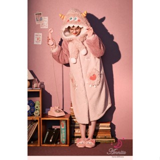 HaRu Star 小怪獸情侶款珊瑚絨法蘭絨睡袍居家服(情侶款睡袍/酒店式浴袍睡袍/保暖居家服/長袖/中大尺碼)