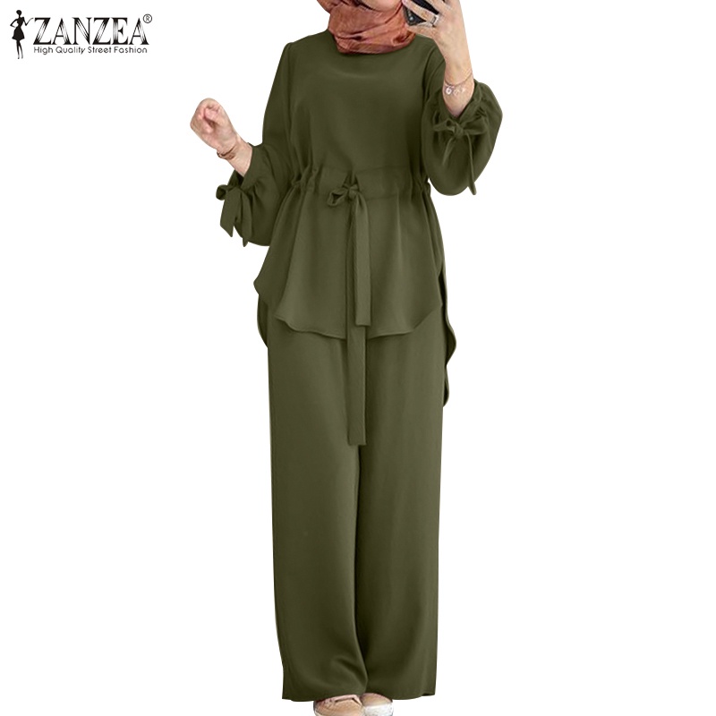 Zanzea 女士穆斯林休閒寬鬆純色長袍套裝襯衫 + 鬆緊腰長褲套裝