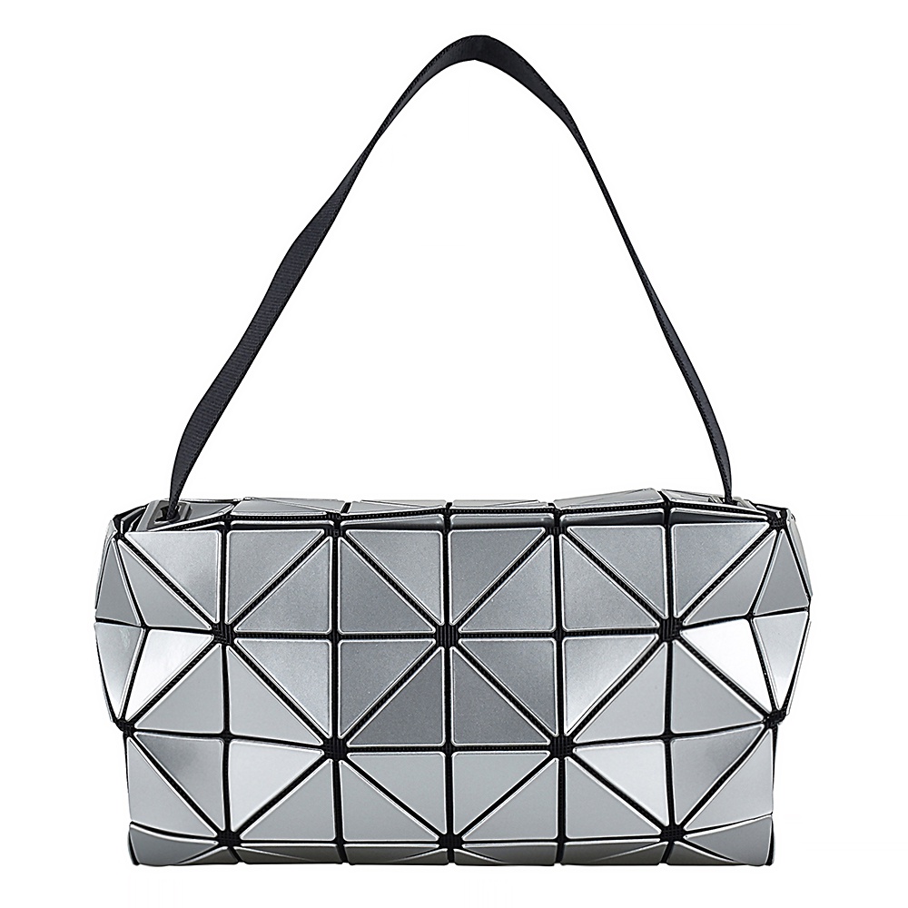 BAO BAO ISSEY MIYAKE 三宅一生字母LOGO三角幾何格拼接PVC 2X3拉鍊斜背包(銀)