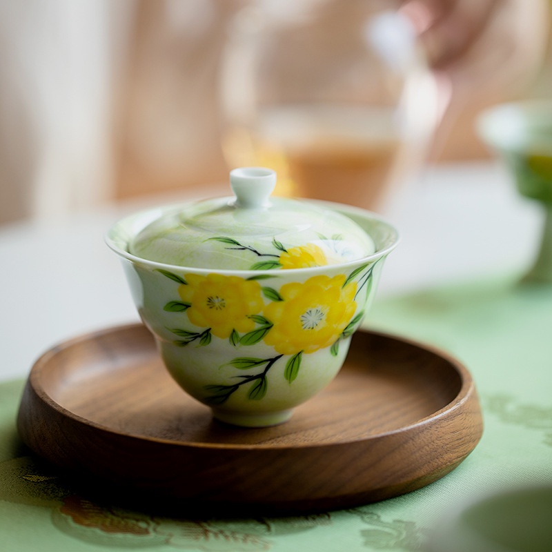手繪黃木香霧綠綻放蓋碗【化雲】茶杯單個家用陶瓷二才茶碗帶蓋茶具【A050】