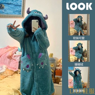 Luna精選✦小怪獸睡衣💛可愛 小怪獸 睡衣女 鞦鼕季 法蘭絨 加絨 加厚 珊瑚絨 連帽 中長款 鼕天 居家 睡袍 睡裙