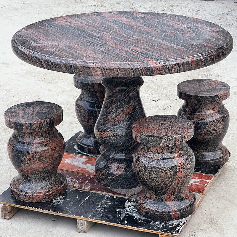 石桌石凳庭院花園家用天然大理石圓桌一套戶外休閑花崗巖石頭桌子