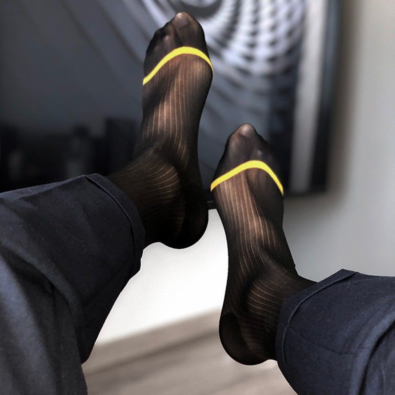 【夢露】男士 金線條 絲襪 薄款 性感 正裝 長筒襪 條紋 透氣 日本錦綸紳士商務襪子