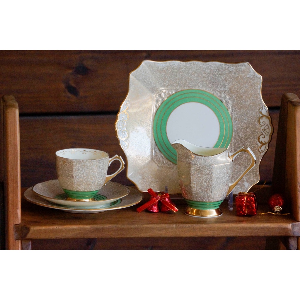 【旭鑫】Tuscan - 金綠下午茶杯組 英國 骨瓷 瓷器 杯組 茶杯 咖啡杯 糖碗 牛奶壺 蛋糕盤 E.53