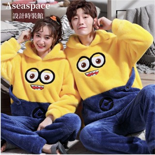 aseaspace·冬季情侶睡衣套裝男女士睡衣可愛卡通小黃人連帽加厚法蘭絨珊瑚絨睡衣青少年加厚家居服睡衣套裝男女