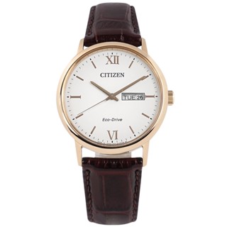 CITIZEN / 光動能 星期日期 壓紋小牛皮手錶 白x玫瑰金框x深褐 / BM9012-02A / 37mm