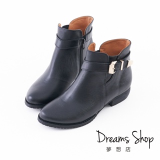 DREAMS SHOP 台灣真皮減壓皮帶金釦拉鍊平底短靴 黑色【JD3032A】大尺碼女鞋37-46