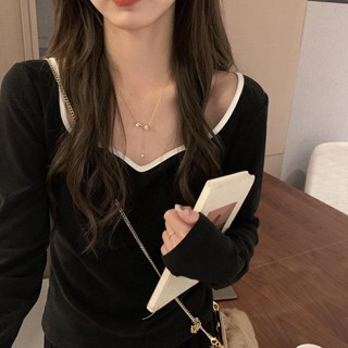 桃心領上衣 桃心領小可愛 2022鞦季新款法式氣質桃心領上衣女漏鎖骨短款修身外穿長袖打底衫 CSB1