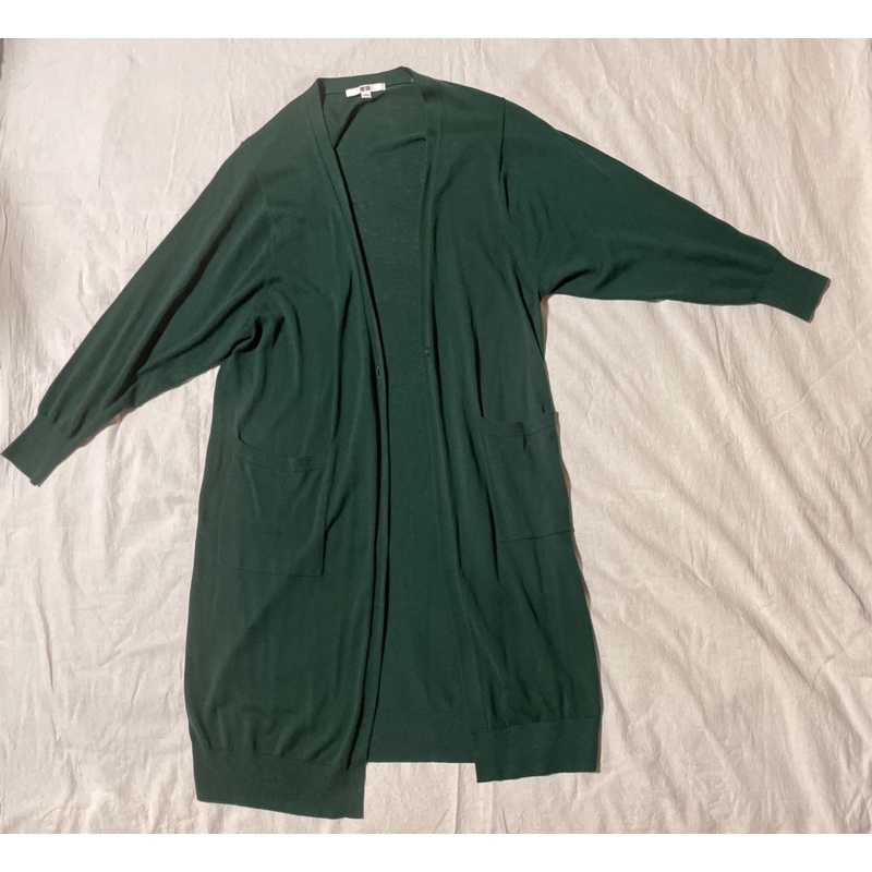 全新-UNIQLO 薄款開襟長版罩衫 單扣防曬針織外套 墨綠色