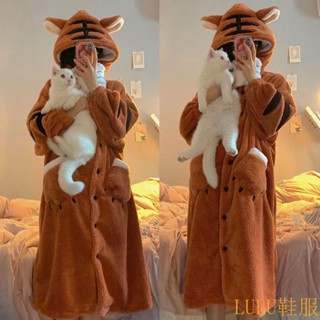 【Luna可愛睡衣】動物睡袍 老虎睡衣 珊瑚絨 長袖 連帽睡衣 女 可愛 卡通 小老虎 傢居服 睡袍 可外穿 睡袍 睡衣