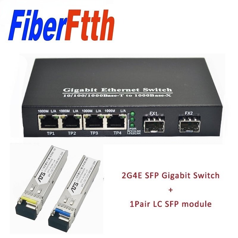 光纖媒體轉換器千兆以太網交換機 10/100/1000M 4 RJ45 UTP 和 2 SFP 光纖端口