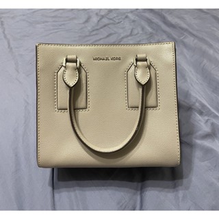 MICHAEL KORS 銀字LOGO 防刮荔枝紋牛皮 大象色 斜背手提兩用包 臺灣專櫃購入