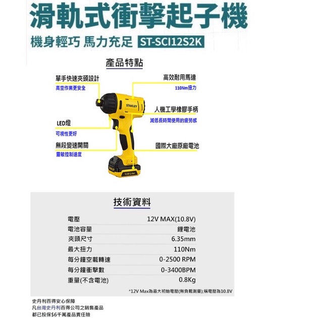 美國 史丹利 STANLEY 10.8V鋰電衝擊起子機 SCI12S2K