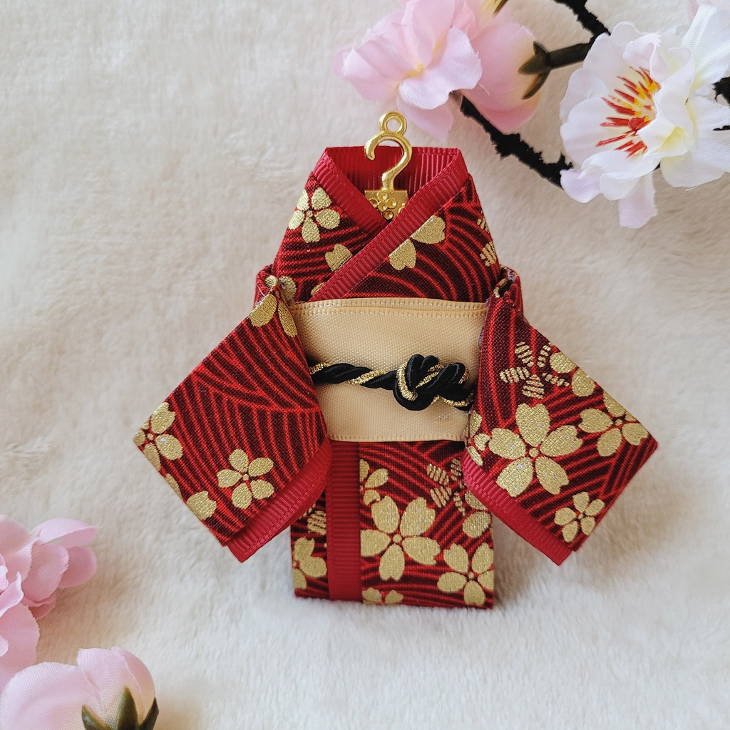 Sakura手作 鑰匙圈 吊飾 和服 日式和服 手工 花 櫻花 緞帶 禮物 婚禮小物 送禮 禮服 浴衣 蝴蝶結 暗紅