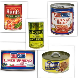 purefoods c.beef, hunts pork beans,green peas,liverspread