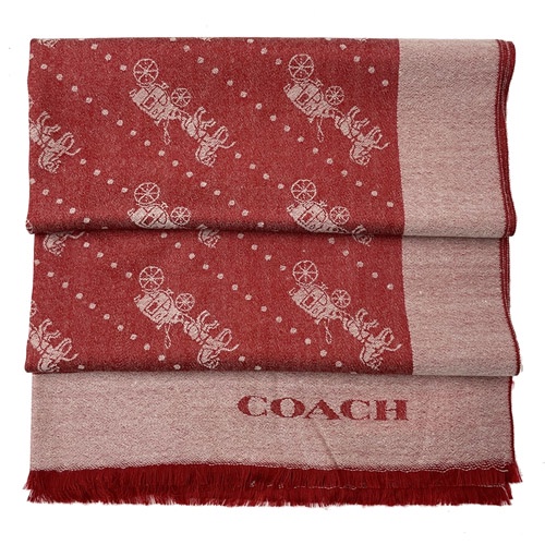 【COACH】滿版馬車 LOGO100%羊毛絲巾圍巾(深紅)