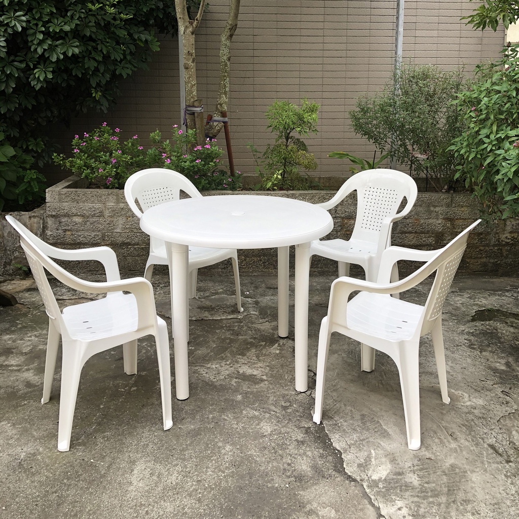 【BROTHER兄弟牌】白色90cm塑膠圓桌+中高背塑膠椅4張-庭院自用營業都適合穩固耐用價廉戶外休閒傢俱