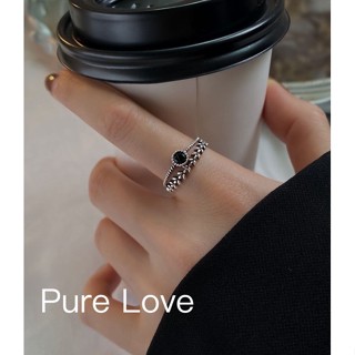 Pure Love樂芙 /正韓 【R0654】韓系簡約S925純銀黑色鋯石樹葉交錯開口戒指 / 銀
