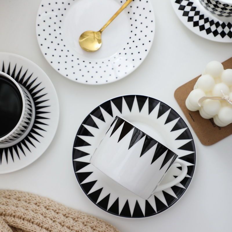 北歐黑白幾何骨瓷咖啡杯套裝簡約創意歐式咖啡杯碟英式下午茶杯子