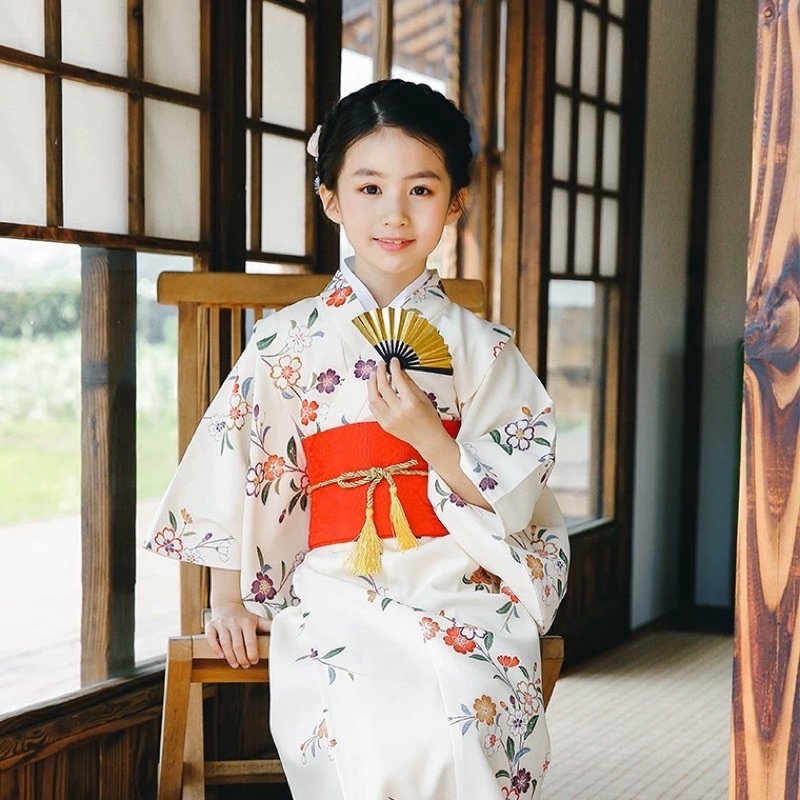 E 日本兒童鵝黃童裝和服日式浴衣女童連衣裙演出服