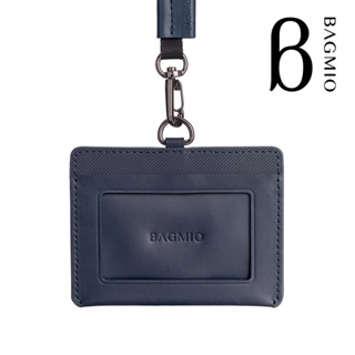 BAGMIO 牛皮橫式雙卡證件套-藍(附織帶)