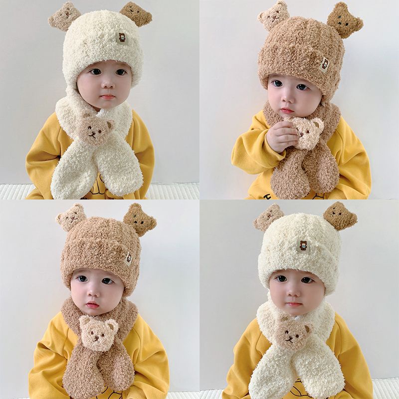 小熊毛絨嬰兒帽子 秋冬季寶寶帽圍巾一件式 兩件套兒童保暖護耳帽超萌 兒童帽子