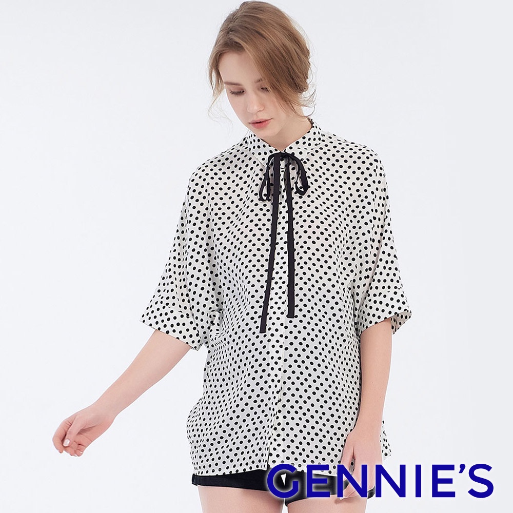 【Gennies 奇妮】復古圓點造型綁帶上衣-白底黑點(T3F06)