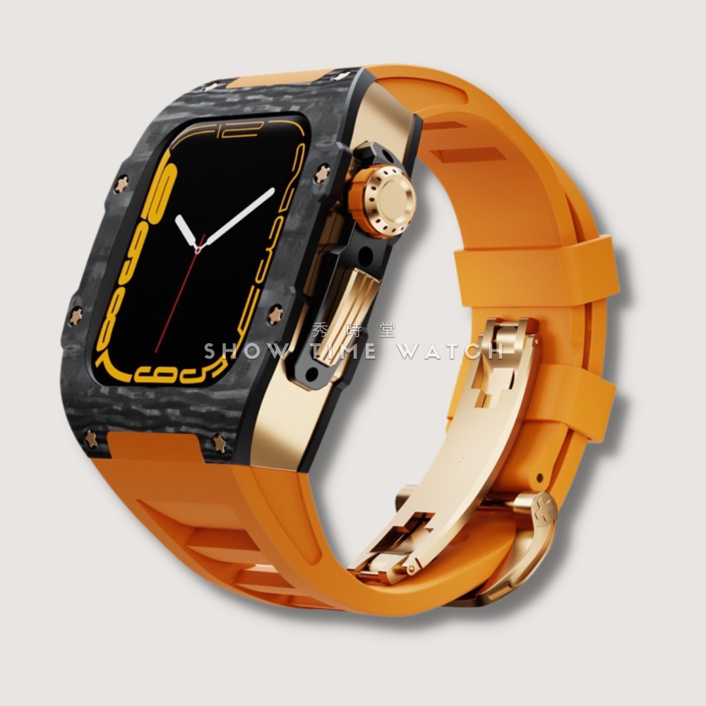 讓Apple Watch更百搭的救星/類RM 碳纖維+鈦合金 蘋果錶殼 44mm 45mm 玫殼 橘膠帶 [秀時堂]