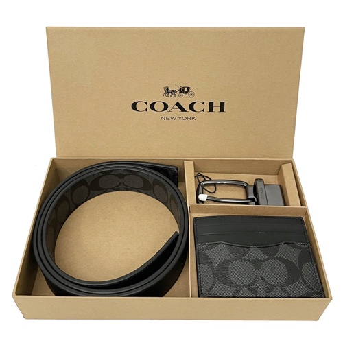 【COACH】C LOGO雙面用男款寬版皮帶名片卡夾禮盒(黑灰)