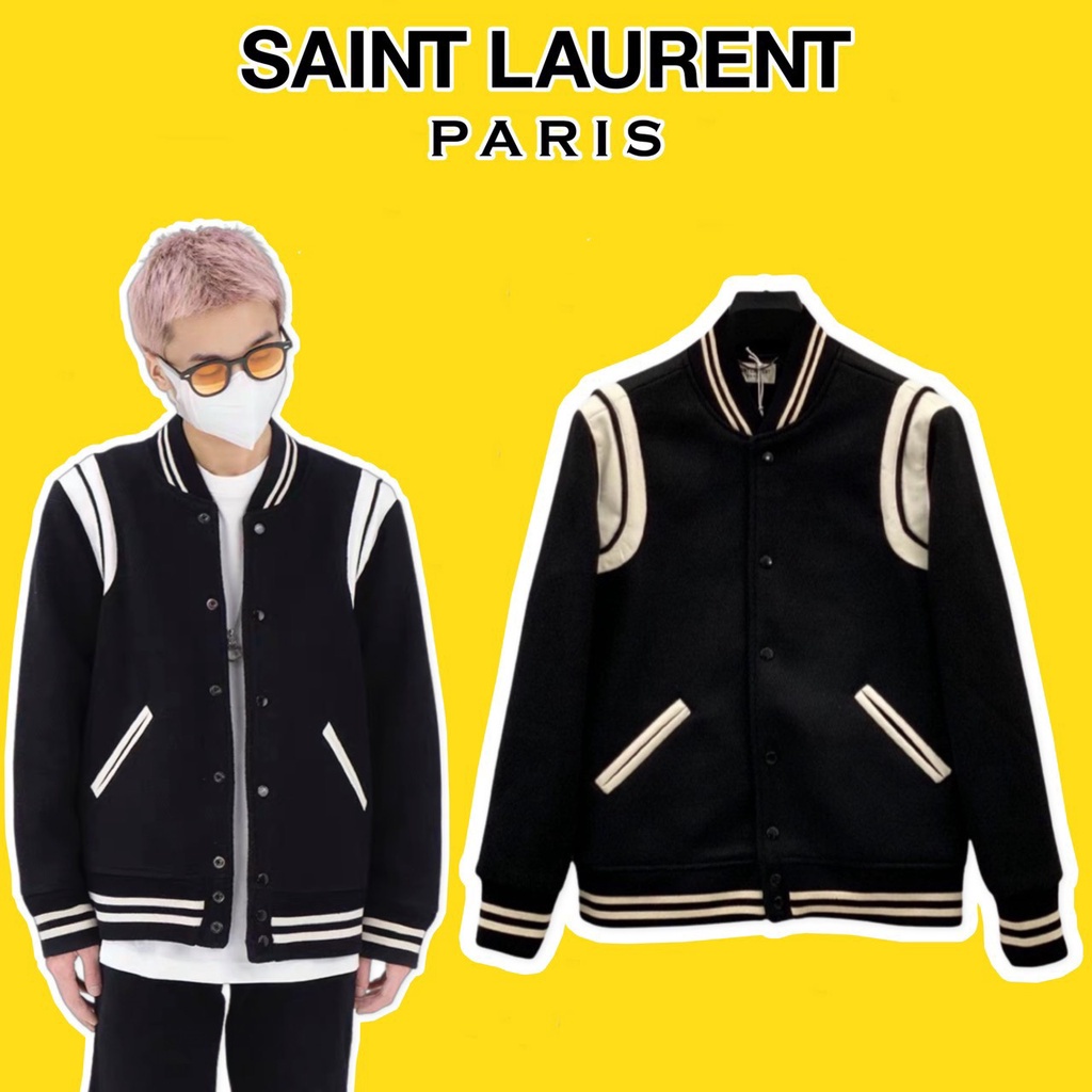 Bomber Teddy SAINT Luongent PARIS 黑袖白邊飛行員黑白毛氈外套